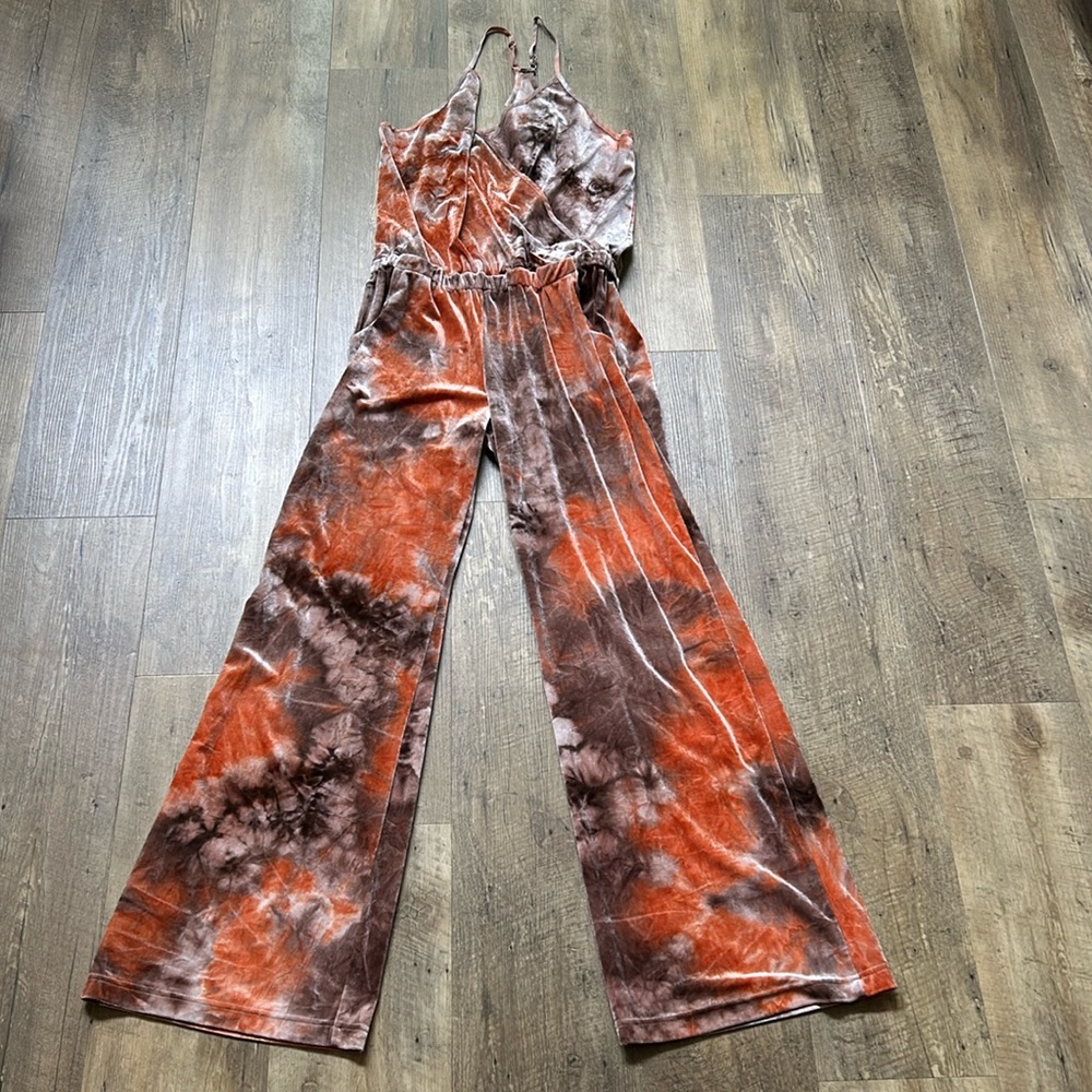 EUC Young Fabulous & Broke Boho Hippie Coral Grey Velvet Tie Dye Jumpsuit Large